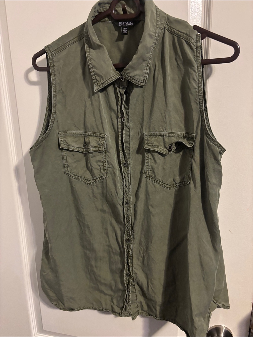 Buffalo David Bitton Olive Green Sleeveless Button-Down Utility Shirt
